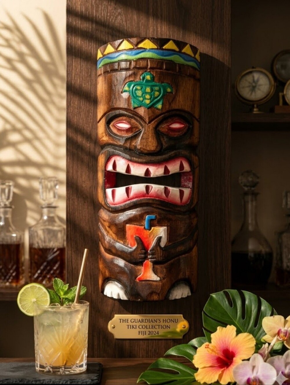 Tiki Mask 12" Wood Carved Hawaiian Sea Turtle Honu Polynesian Wall Decor Bar.
